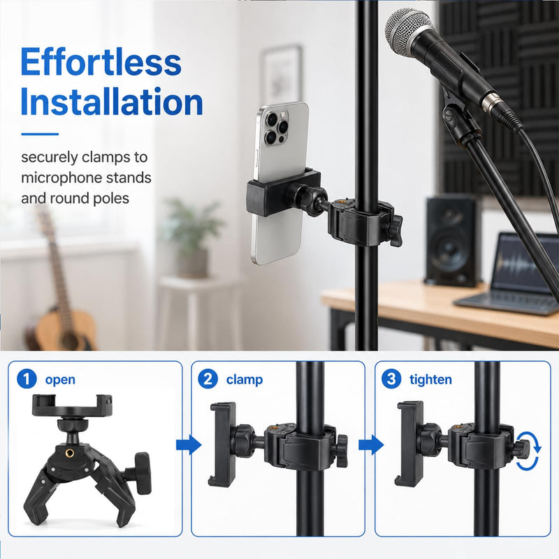 Mic Stand Phone Holder with 360 Rotation | For iPhone Samsung All Phones, Adjustable Clamp Fits 0.47-1.1 Inch Poles, 3 Ball Joints, 180° Tilt for Music Performance