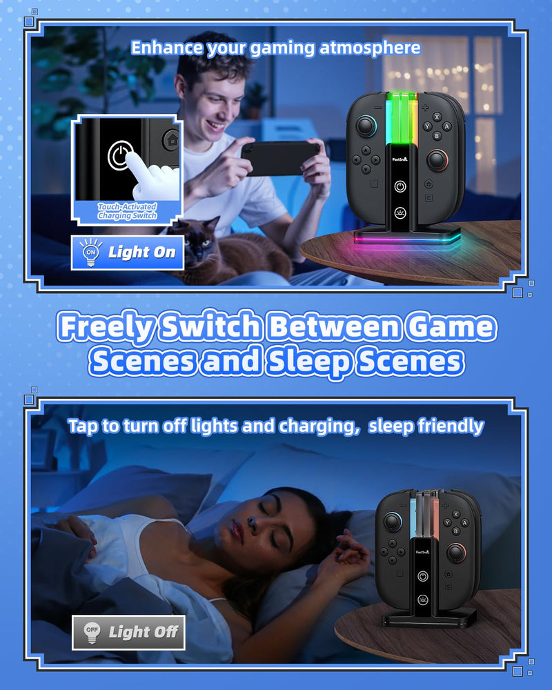 FASTSNAIL Switch Controller Charger for Nintendo Switch 2/1/OLED for Joycon | 8 in 1 Fast Controller Charging Dock, Dual-Direction Magnetic Charger Station Stand, 9 RGB Light for Joycon 2/1 Accessories Carbon Black 6.2/7.0/7.9 inch