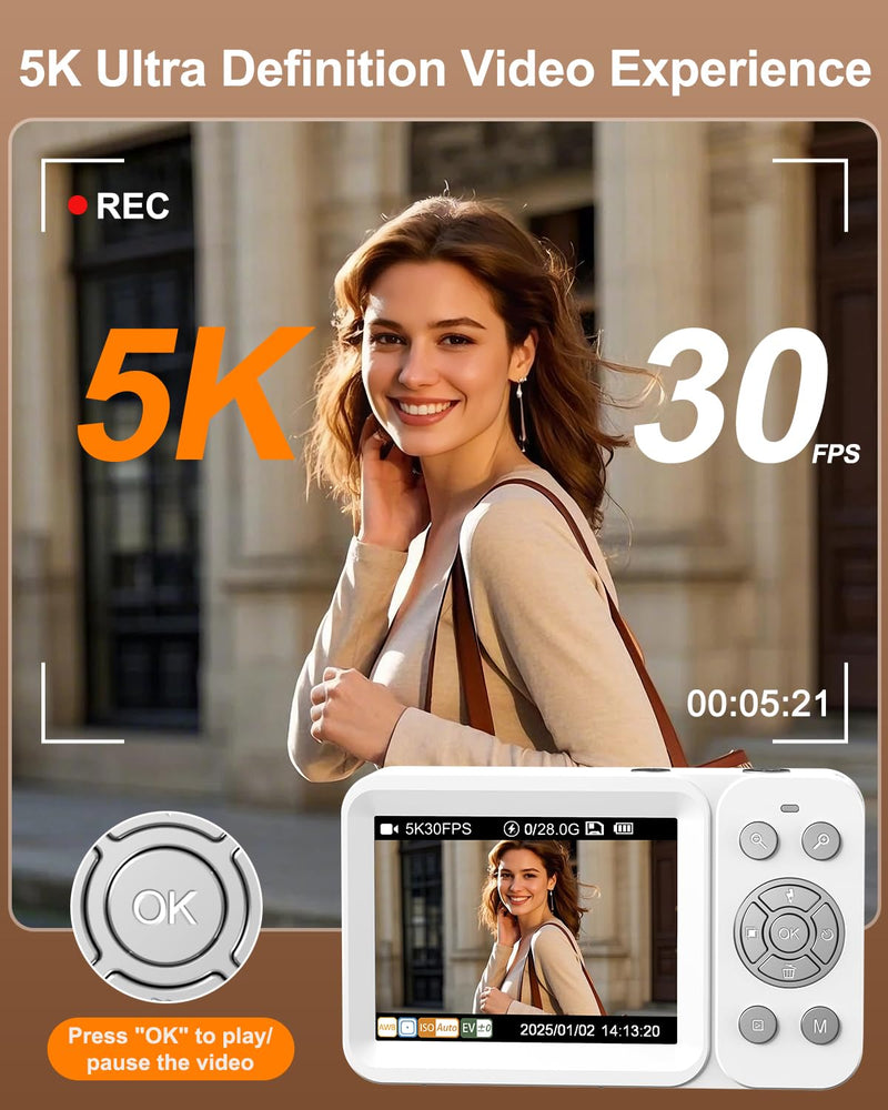 Digital Camera, 5K 80MP Dual Screen, Auto Focus for Beginners Teens | Point and Shoot Camera with 18X Zoom, 32GB Card & 2 Batteries, Great Travel Vlogging Camera for YouTube, White