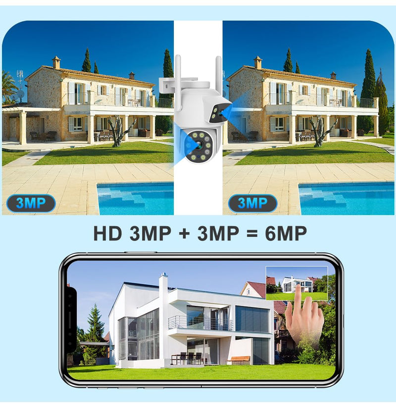 EVERSECU Dual Lens Linkage 6MP WiFi PTZ Security Camera Outdoor, 360° View, Auto Tracking, Motion Detection, Color Night Vision, 2-Way Audio, Compatible with Alexa Single