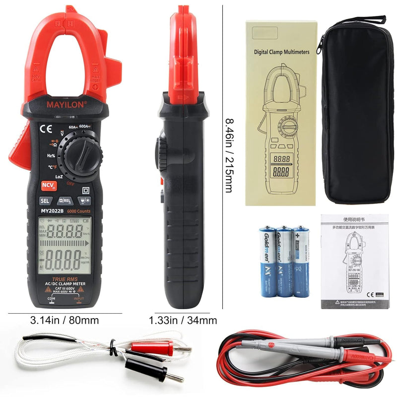 Amp Clamp for Automotive Repair/Commercial/Residential Electricians, Measures AC/DC Current 600A, AC/DC Voltage to 600V, Frequency, Resistance, Temperature, NCV, Continuity, Large LCD Display