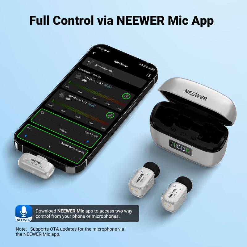 NEEWER KM19 Wireless Lapel Microphone Compatible with iPhone 17 16, Silver | Compatible with iPhone Android & PC, Mini Lav Mic, App Control, 3 Level Noise Cancelling, 30H Battery, 100m, Video Recording