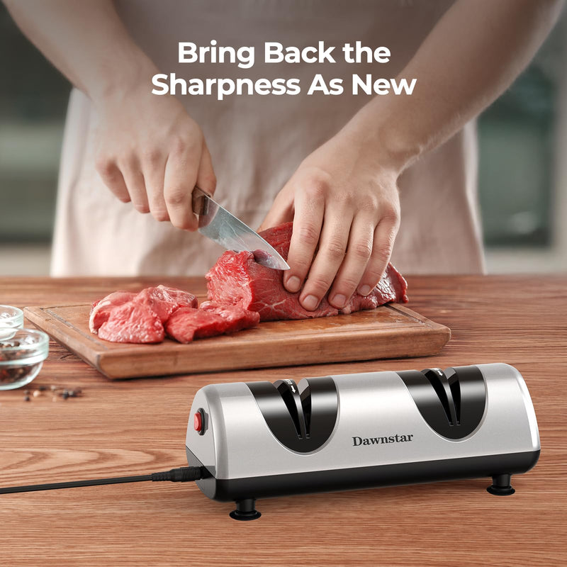 Electric Knife Sharpener, Professional Kitchen Knife Sharpener for Home Use, 2 Stages of Coarse Sharpening & Fine Polishing, Metal Dust Collection Box for Easy Cleaning, Silver Gray