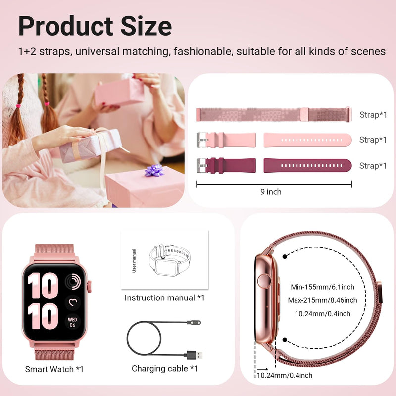 Trendia Smart Watches for Women, 1.83'' HD Fitness Tracker with Answer/Make Calls, Heart Rate/Sleep/SpO2 Monitor, 120+ Sport Modes, IP68 Waterproof, Compatible iPhone/Android Rose Pink