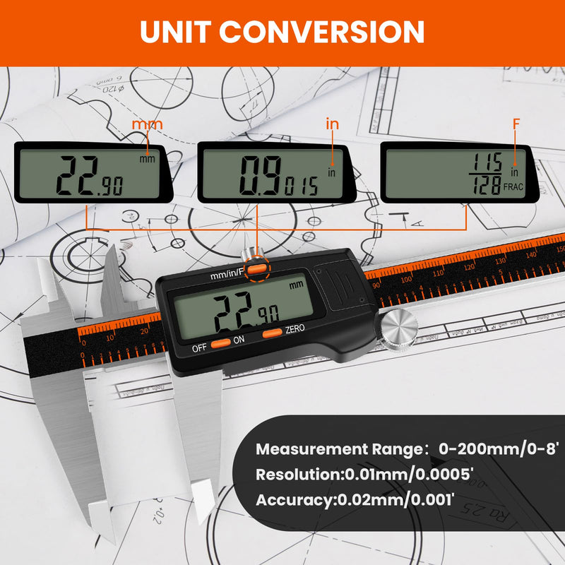 HARDELL Digital Caliper, 0-8 Inch Measuring Tool Large LCD Screen,Stainless Steel,Auto-Off,Inch/Fractions/Millimeter Waterproof Caliper Digital Micrometer for DIY/Household/3D Printing 8 Inch