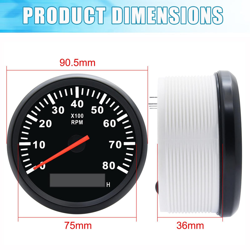 Geloo 85mm Marine Tachometer Gauge Waterproof Boat RPM Tachometer Outboard 0-8000 RPM Tacho Meter for Car Truck 8000RPM Tacometro Meter with LCD Digital Hour Meter Red Backlight 12V/24V Black