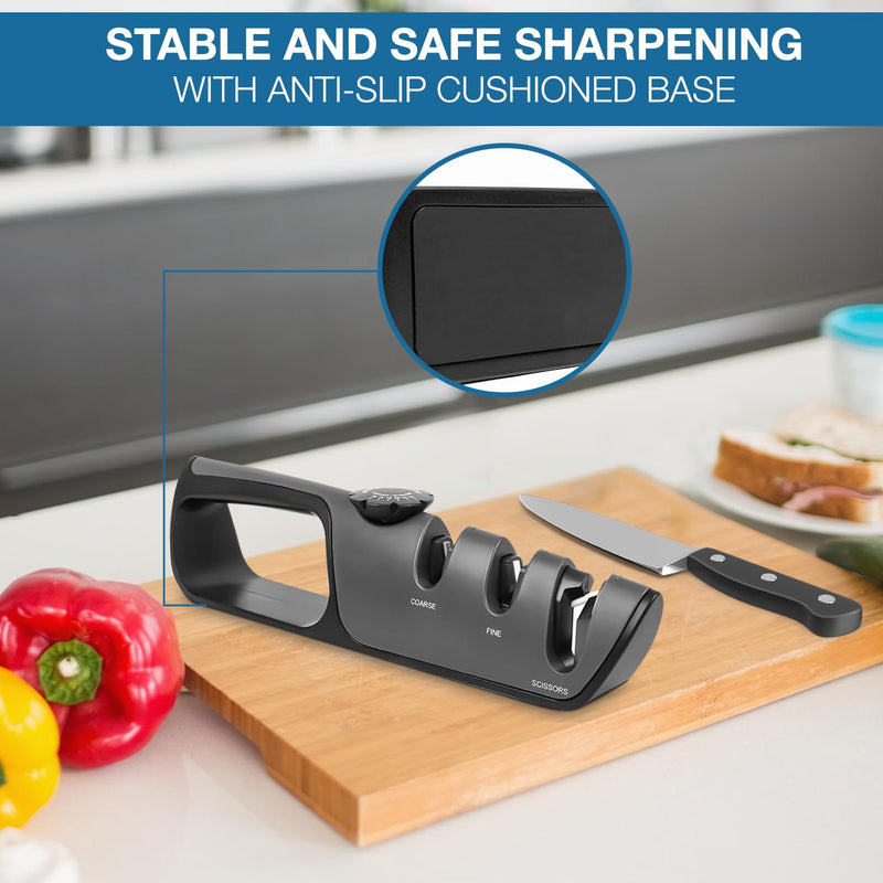 Adjustable Knife Sharpener Kit – Angle Control, Non-Slip Base & Ergonomic Handle – Safe Kitchen Knife Sharpener for Steel & Pocket Knives – Sharpening Tool with Scissors Slot