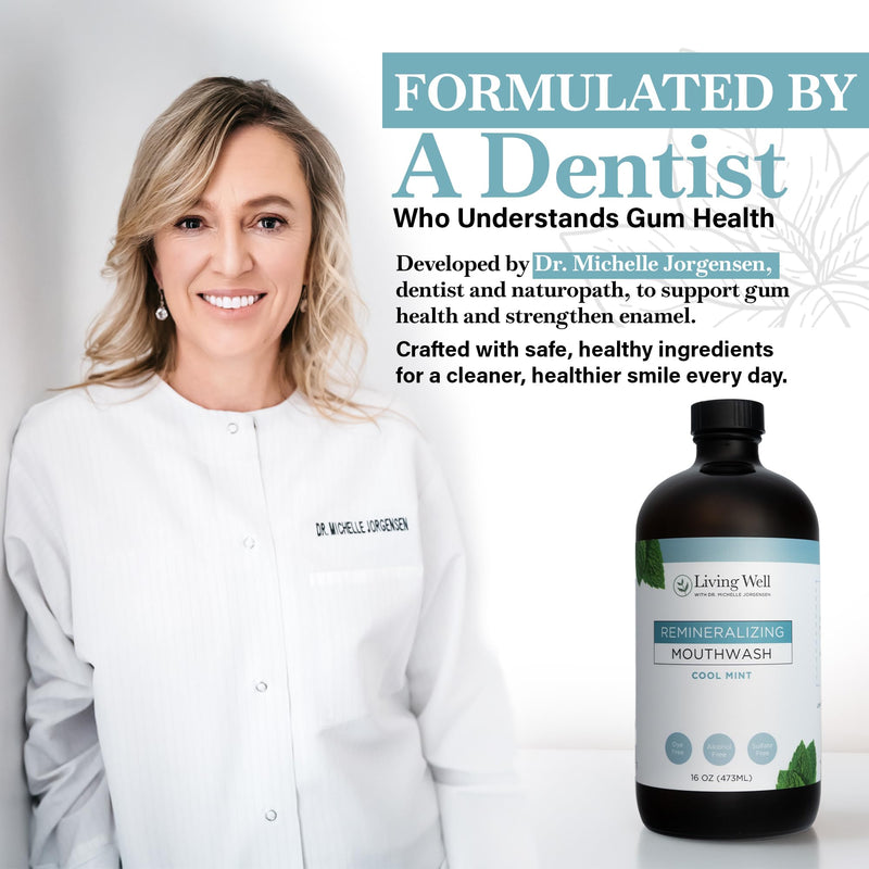 Living Well Dr. Michelle Remineralizing Mouthwash, Cool Mint | Hydroxyapatite & Colloidal Silver Formula, Alcohol-Free, Fluoride-Free, Fresh Breath Support