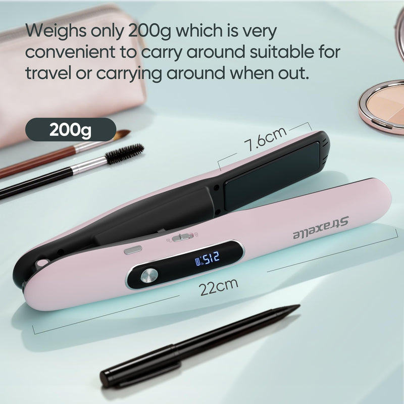 Mini Cordless Hair Straighteners and Curler,5000mAh Rechargeable Travel Straighteners Cordless with LED Display,2 in 1 Portable Flat Iron Hair Straightener 3 Temp Levels for Fine to Thick Hair (Pink) Pink