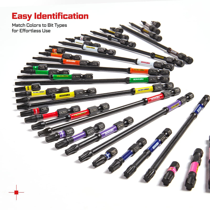 Impact Torx Screwdriver Bits Set, 52Pcs Magnetic(T7-T40) S2 Steel 1”/2”/3”/6” Long Extension Multi Star Driver Bits and 1Pc Bit Holder with Color Coded Base 53pcs-Mix-T