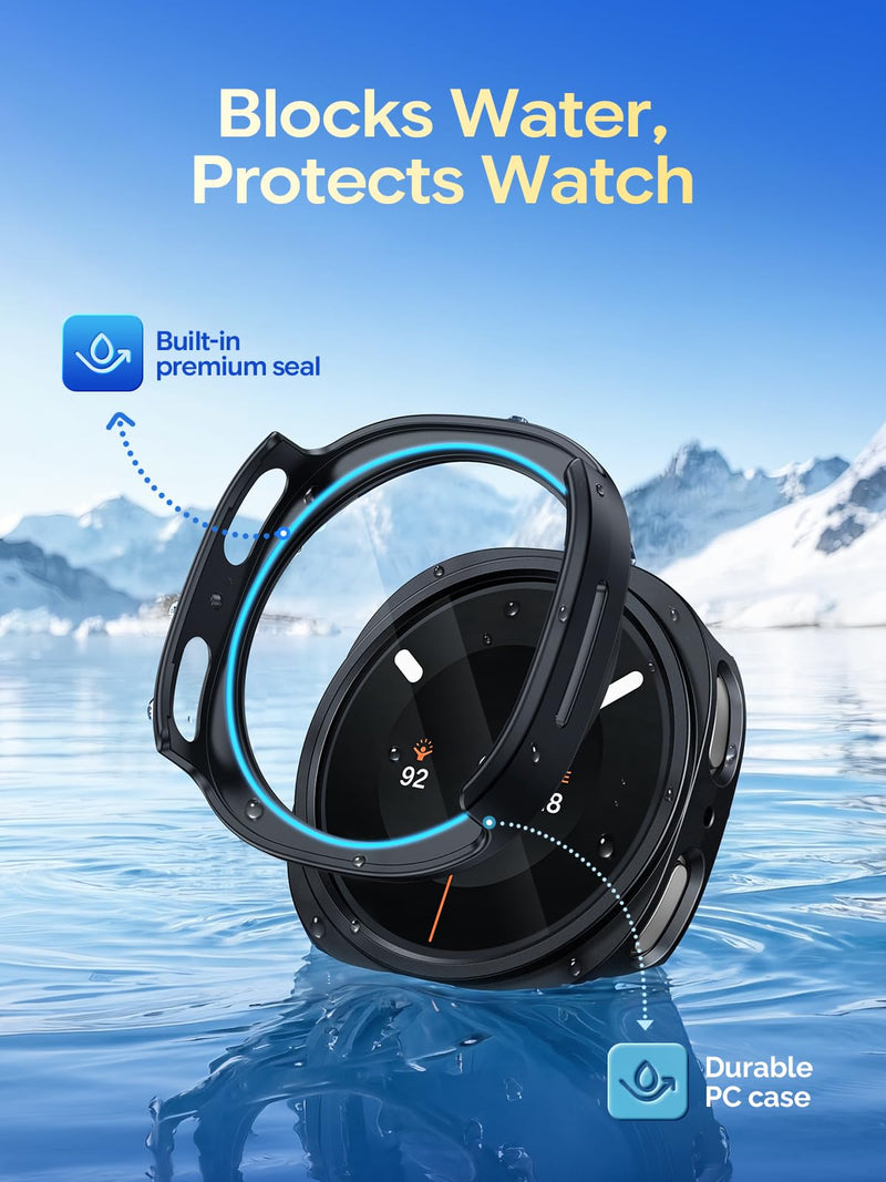 Misxi 2-Pack Waterproof Case for 44mm Samsung Galaxy Watch 9/Watch 8 | Cover with 9H Tempered Glass Screen Protector for Samsung Watch9/Watch8, Anti-Scratch Sensitive Touch Protection, Black Black(2 Packs) 44mm (ONLY for Galaxy Watch 9/8)