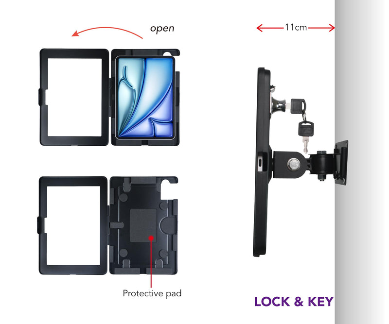 On Wall Mount Bracket for iPad Air 11-inch M3 2025 & M2 2024,(iPad Air 7th/6th Generation),Excluding Other 11",with Lock &Key,Multi Angle Design,Metal,(Black)