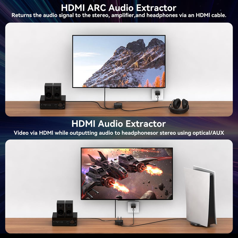 HDMI ARC Audio Extractor 4K60Hz HDMI to Optical/SPDIF 3.5mm AUX Audio Adapter Converter Splitter Support LPCM 5.1/DTS/DSD for Laptop/TV Box/DVD/PS5 BLACK