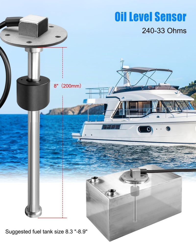 Boat Fuel Tank Sending Unit, 240-33ohms 8in (200mm) Fuel Water Level Sensor, 316 Stainless Steel Fuel Sending Unit and Gauge Kit for Boat Car Truck RV 8" sensor & gauge