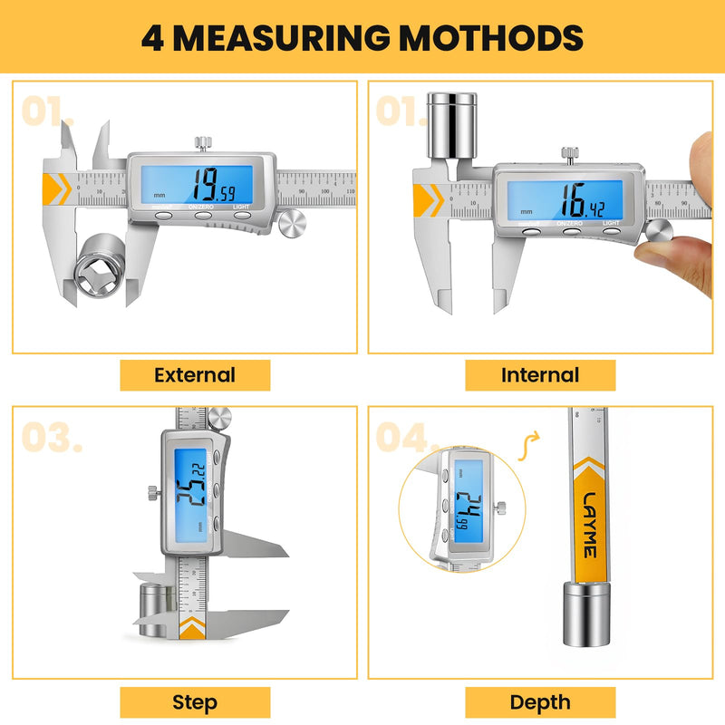 Digital Caliper, Rechargeable Caliper Measuring Tool with Backlight LCD Screen,Vernier Dial Caliper Stainless Steel with Auto-Off Feature,Inch Metric Fraction Conversion, for Jewelers/Woodworkers/DIY