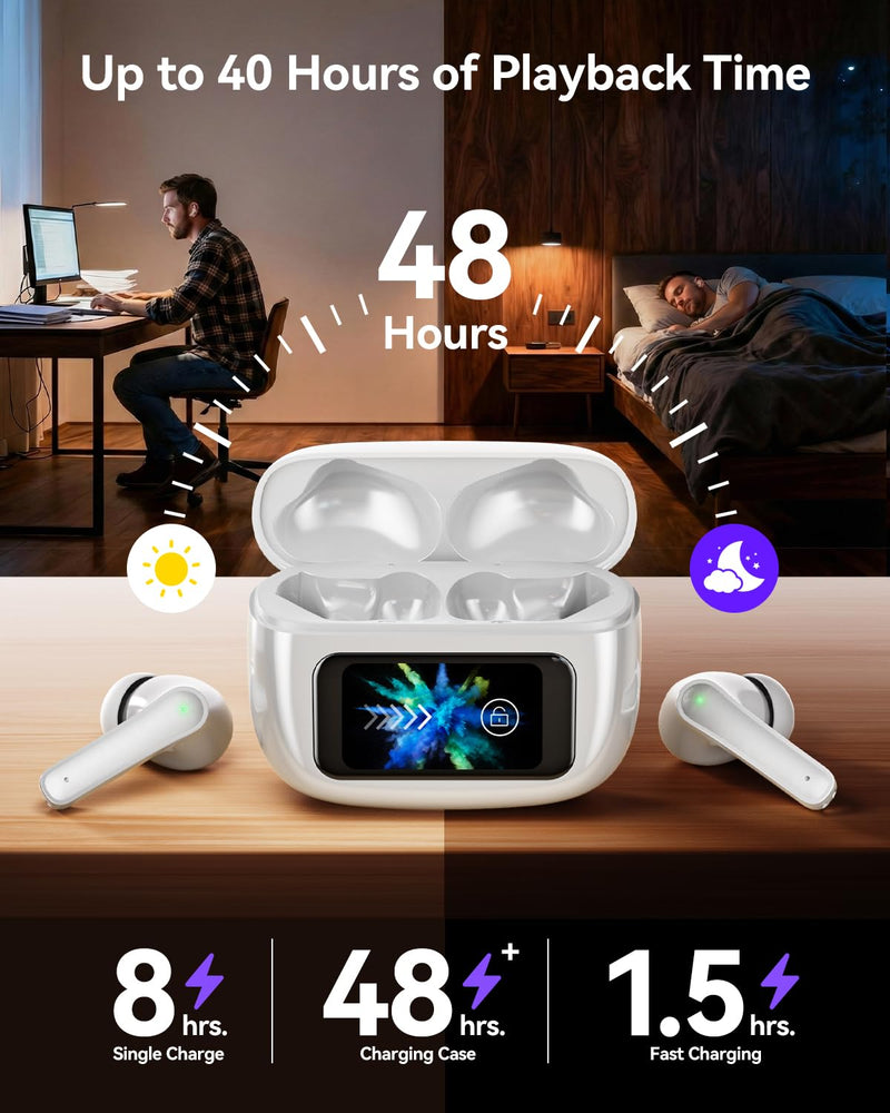 ZIUTY Wireless Earbuds Bluetooth 4.0 Ear Buds Headphones, Deep Bass Stereo | ANC Noise Cancelling, ENC Clear Calls, 48H Playtime, Touchscreen LED Display Case, IPX7 Waterproof, for Sports Workout Pearl