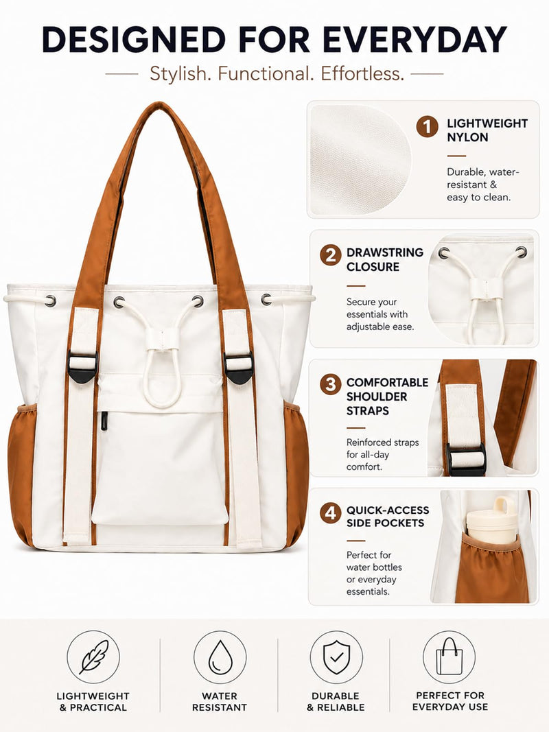 Drawstring Tote Purse for Women Beige Multi-Pocket Crossbody Bag Large Laptop Compartment Handbag White