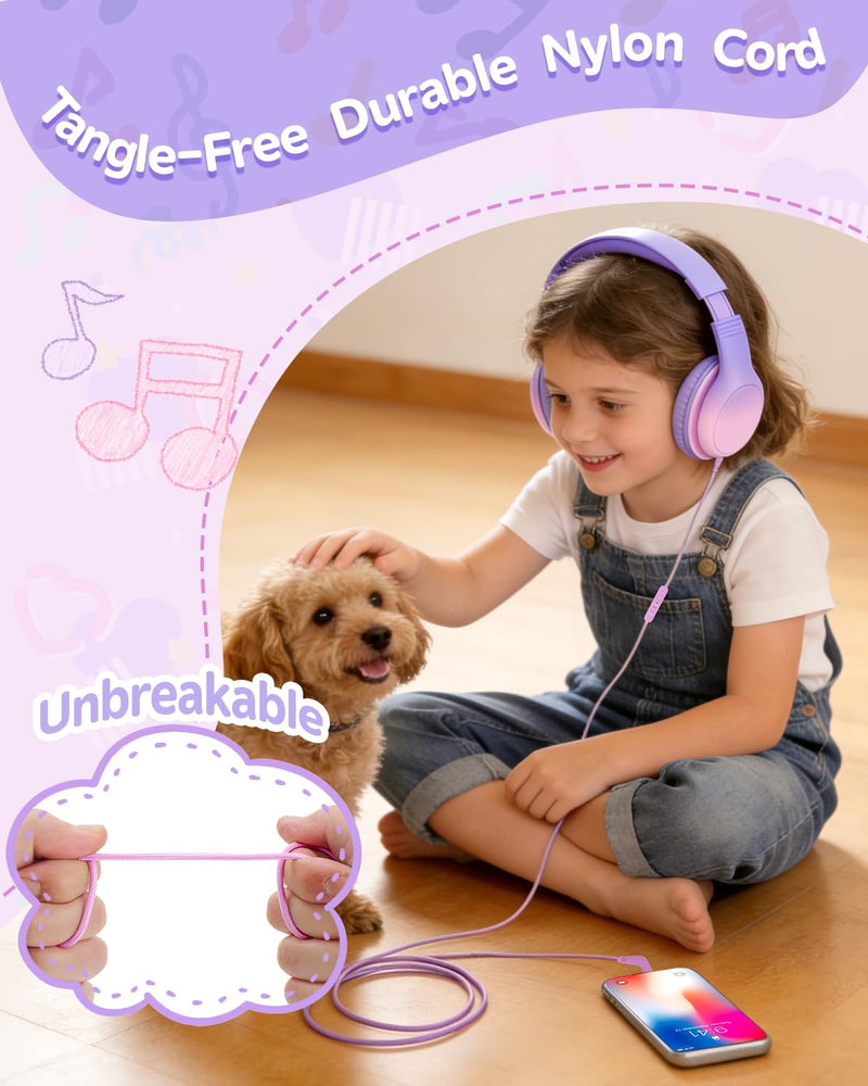 USB C Over Ear Kids Headphones with HD Mic, Safe Volume Limited Wired Headphones for School, Travel, Stereo Sound, Foldable Headphones for iPad, Laptop, PC, Purple-Pink
