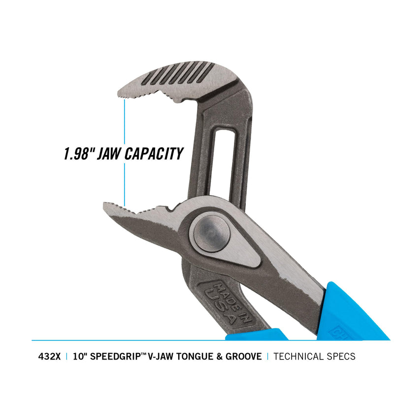 Channellock Tongue & Groove Pliers 432X - SpeedGrip V-Jaw, Push Button, Made in USA - 10 in. 432X 10" V-JAW