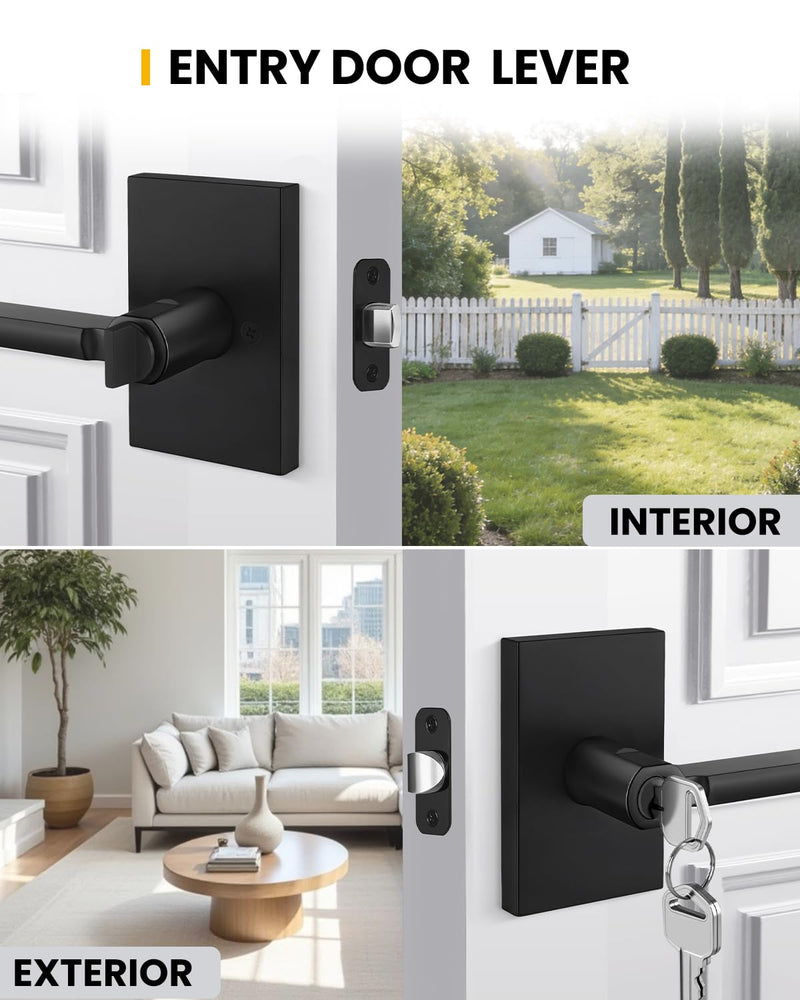 Goldenwarm Matte Black Entry Door Handle with Keyed Lock, Zinc Alloy Black Door Lever for Office & Storage & Entry Door, Adjustable & Reversible, Interior or Exterior Use - 1 Pack