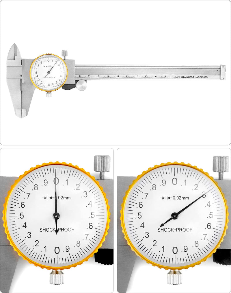 QWORK Dial Calipers, 0-15cm Caliper Measuring Tool, 0.02mm Graduation Interval, Shockproof Measuring Micrometer Vernier Caliper