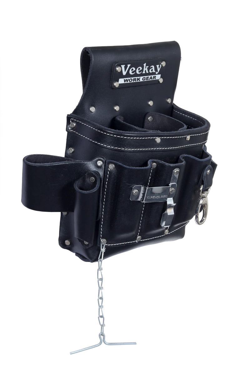 VEEKAY Electrician's Leather Tool Pouch – 10 Pocket Full Grain Leather Organizer for Electricians, Carpenters & Construction Workers – Durable, Heavy-Duty Utility Pouch (Brown/Black) Black