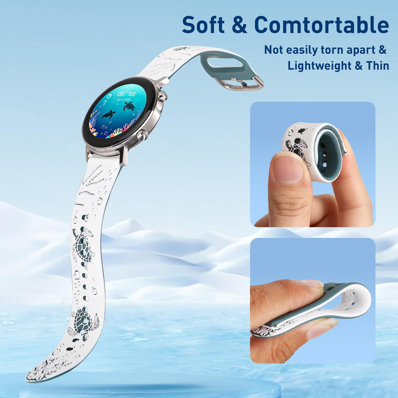 Sea Turtle Engraved Bands for Samsung Galaxy Watch 9/8/7/6/5/4 (40mm/44mm) | Soft Cute Silicone Sport Band for Galaxy Watch 3(41mm)/5 Pro(45mm) Active 2(40/44mm) Garmin Vívoactive 6/5/3 Amazift Active 2 White/Pine Needle Green
