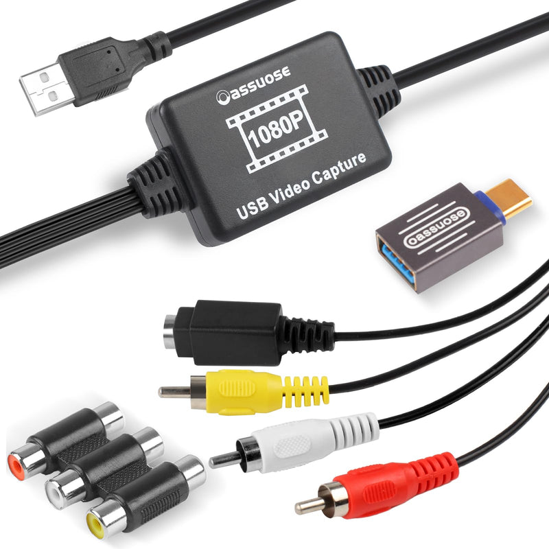 VHS to Digital Converter,USB-A/USB-C Video 1080P Capture Card,RCA/AV to USB2.0 Audio Video Transfer Grabber,Convert Analog VHS VCR Hi8 Mini DV to Digital Converter,for PC DVD Tape Camera