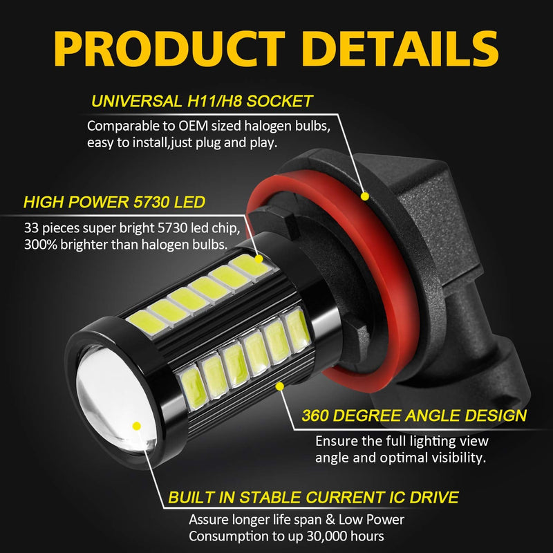 AUXLIGHT H11 H8 H11LL H8LL H16 (Japanese) LED Fog Light Bulbs 6000K Xenon White, Super Bright 2800 Lumens 33-SMD Chips LED Daytime Running Lights DRL Bulbs Replacement for Cars, Trucks (Pack of 2)
