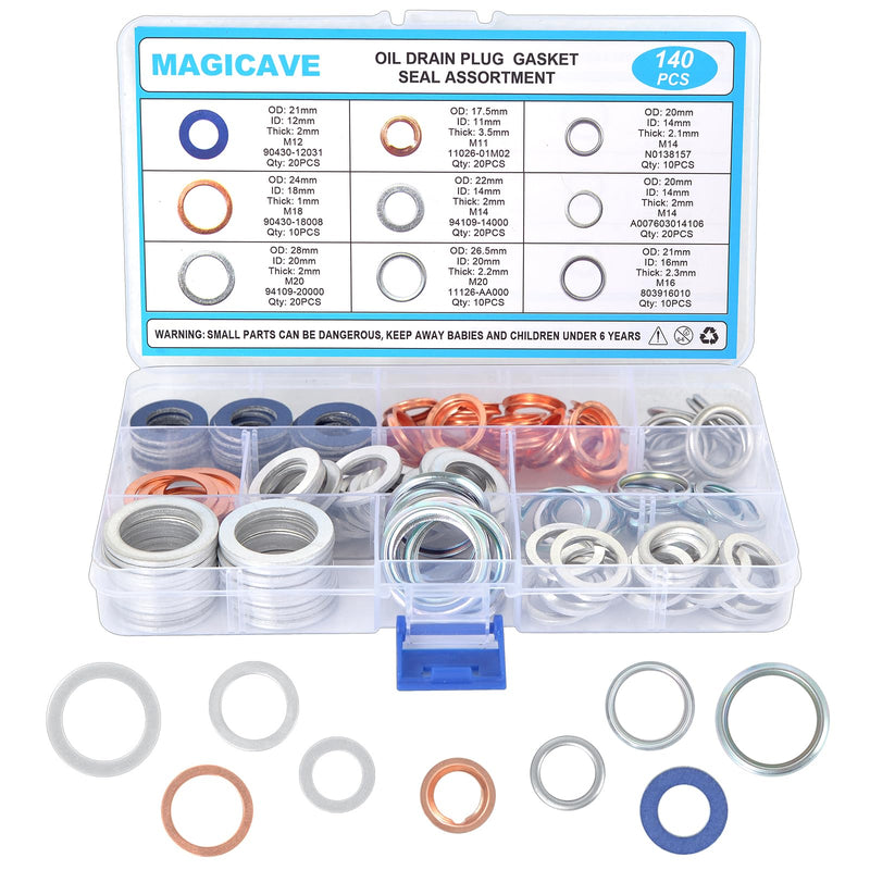 140PCS Premium Oil Drain Plug Gasket Assortment, Durable Oil Crush Washer Seals Kit, Compatible with Toyota, Honda, Subaru, VW, Audi, Mercedes Benz - Leak-Proof Protection