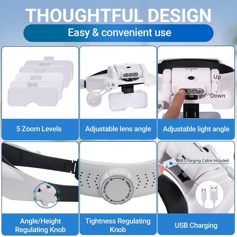 YOCTOSUN LED Headband Magnifier, Rechargeable Illuminated Magnifying Visor -1X to 14X Zoom, Hands Free Head Mounted Magnifying Glasses with Lights for Close Work, Sewing, Crafts, Jewelry, Watch Repair Headband Magnifier 1X-14X