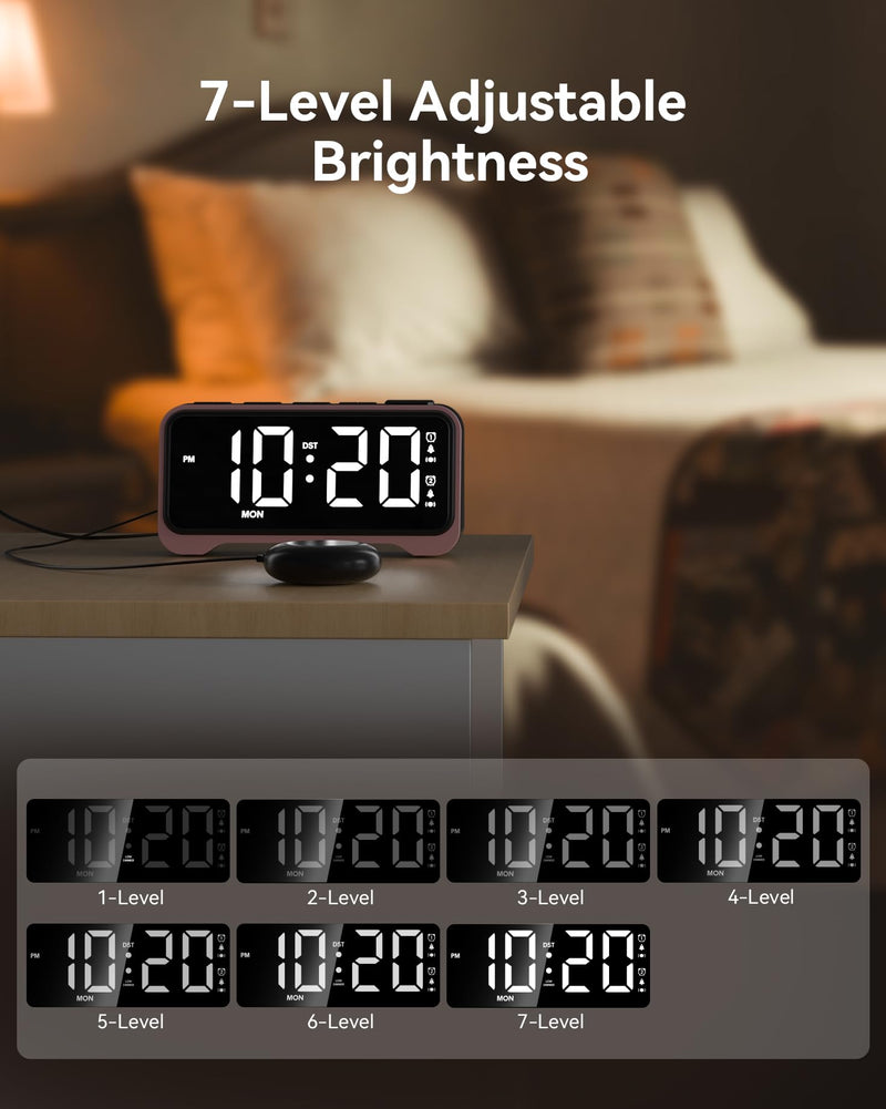 Loud Alarm Clock for Heavy Sleepers Adults, Bed Shaker Alarm Clock with 10-Color Modes/Night Light/USB Charger/7 Dimmer/Battery Backup, Vibrating Alarm Clocks for Hearing Impaired Deaf, Kids, Teens Pink With Bed Shaker
