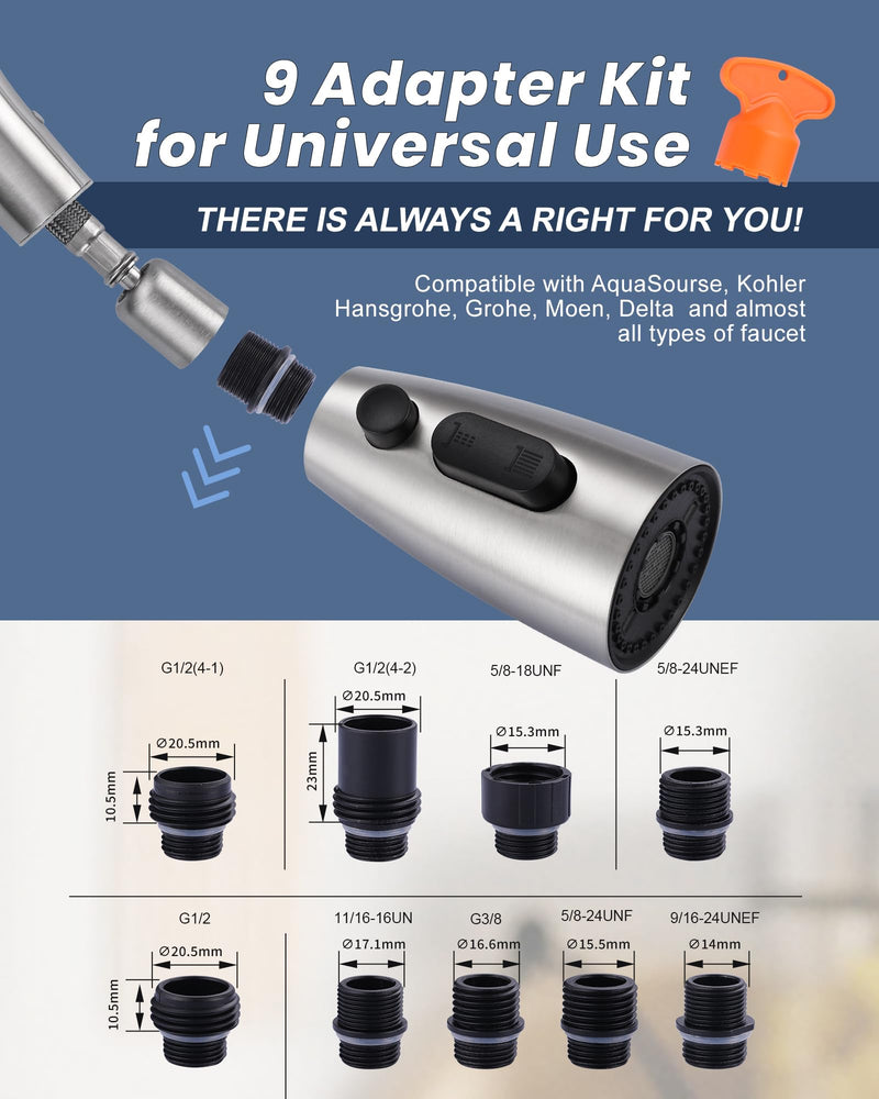 Kitchen Faucet Head Replacement:Stainless Steel Spray Head,3 Modes Pull Out Spray Nozzle with 9 Adapters for Kitchen Sink Faucet,Compatible with Moen Kohler Delta Kitchen Faucets G1/2,Brushed Nickel Brushed Nickel Stainless Steel