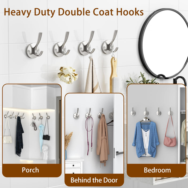 Towel Hooks for Bathrooms Silver Wall Hooks 2 Pack Brushed Nickel Coat Hooks Heavy Duty Towel Wall Hooks for Coats Robes Hats Bath Entryway Cubicle Kitchen Screw in Brushed Nickel Towel Hooks