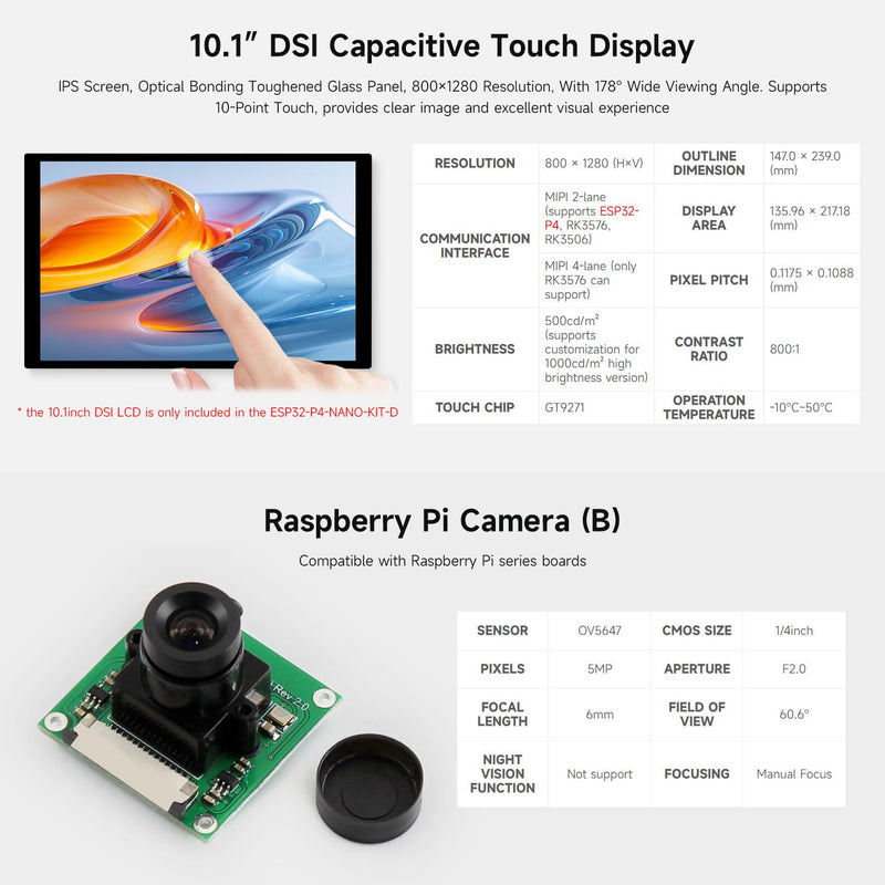 Waveshare ESP32-P4-NANO High-Performance Development Board, Based On ESP32-P4 Chip with RISC-V Dual-core and Single-core Processors, Bundle with RPi Camera (4 Items)
