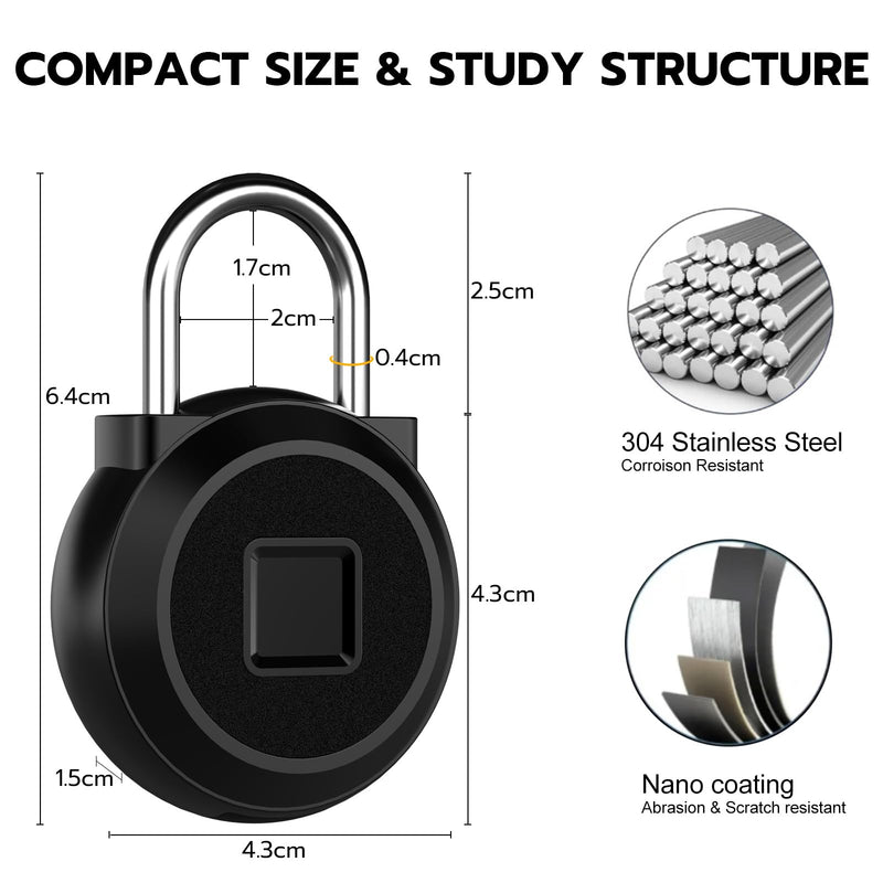Gym Locker Padlock Fingerprint Padlock eLinkSmart - Waterproof Keyless Smart Lock Bluetooth App Authorized View Record Combination Padlock for School Gym Locker Gun Case Field Box Black