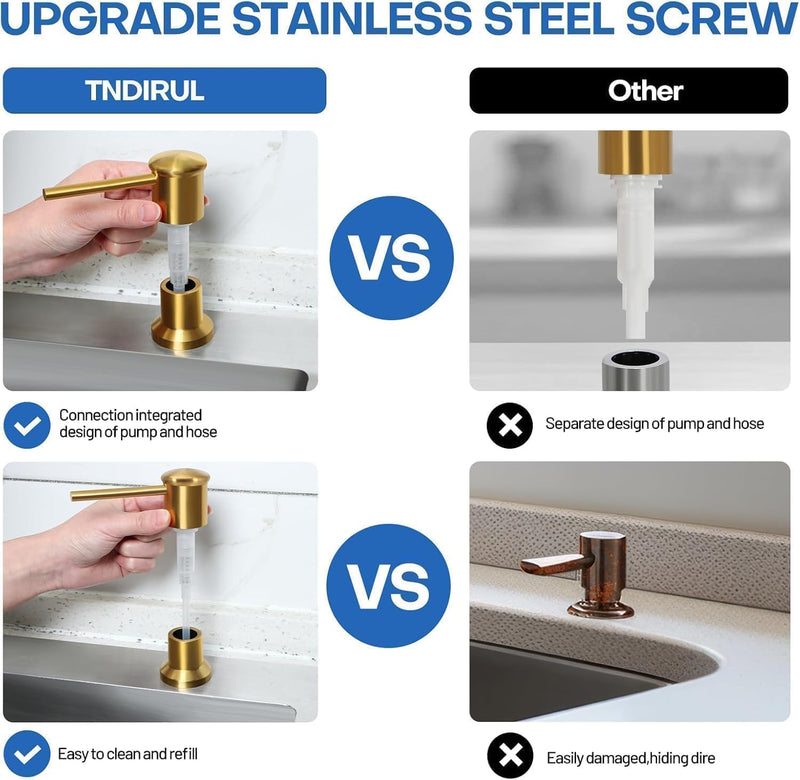 Soap Dispenser for Kitchen Sink, Brushed Gold Built in Soap Dispensers, Stainless Steel Sink Soap Dispenser or Lotion Dispenser Pump with 47" Extension Tube Kit, Upgraded Metal Check Valve