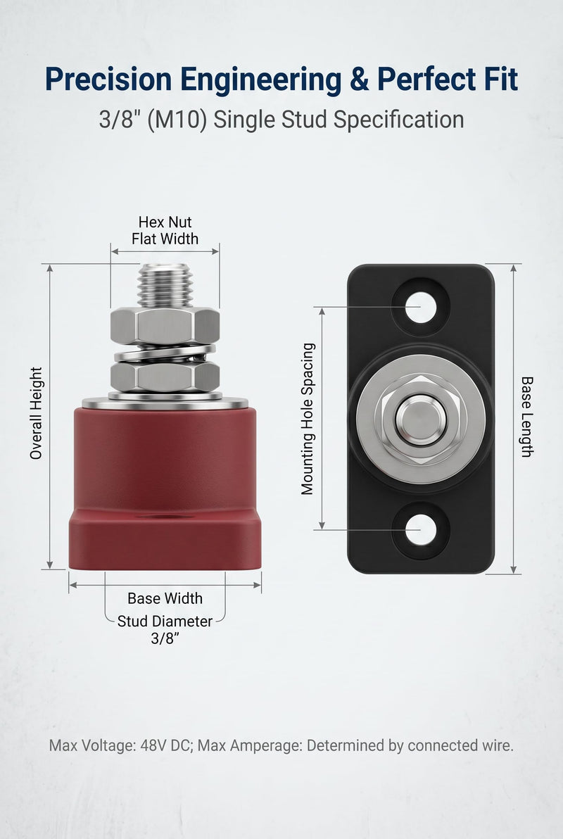 2 PCS Single Stud Battery Distribution Block, Top Post Battery Terminal 3/8 Stud, 12V Heavy Duty Terminal Post, Universal for Cars and Boats (Red+Black)