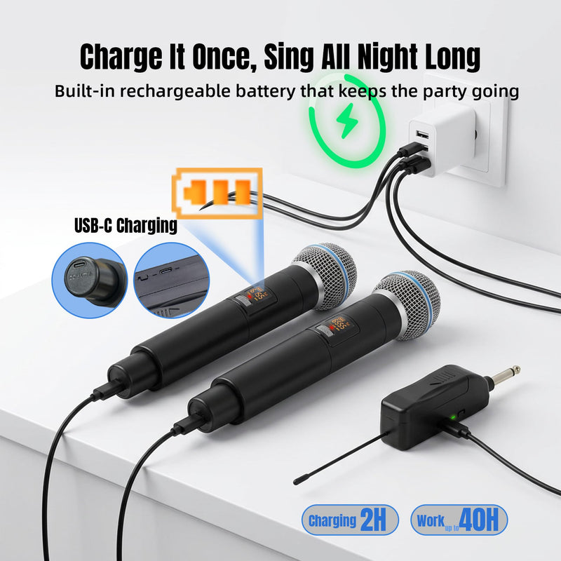 Wireless Karaoke Microphone, Dual Wireless Microphone 2.4G 492 ft Range, Handheld Microphone Wireless Set, Microphone for Karaoke Machine, PA Speaker, Mixer, Microphone for Singing