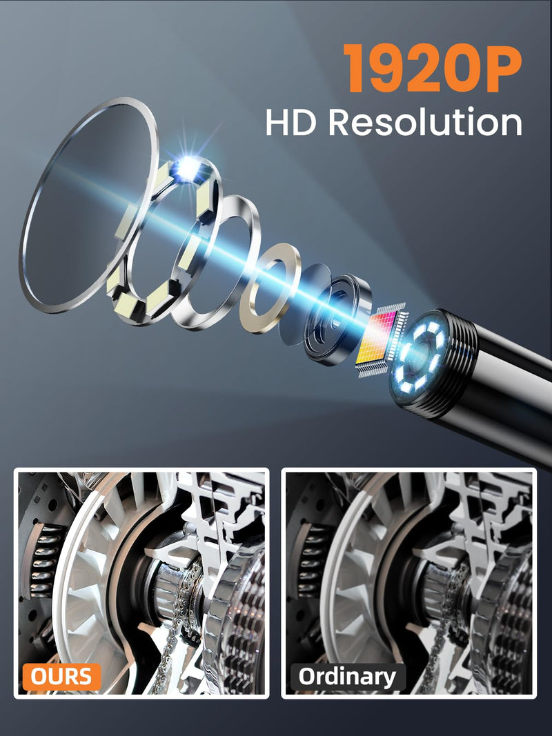 Endoscope Camera with Light, 1920P HD Borescope with 8 LED Lights, 33 FT Semi-Rigid Snake Inspection Camera, IP67 Waterproof Drain Pipe Borescope Mens Tool for iOS and Android
