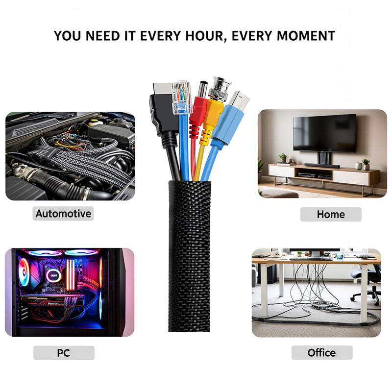 Automotive Wire Loom Temperature Braided Cable Sleeve, Split Sleeve Self-Wrapping Wire Harness Protector Car Cable Management Lot, 300°F Heat Resistant & Flame Retardant Black 1/4"-20Feet