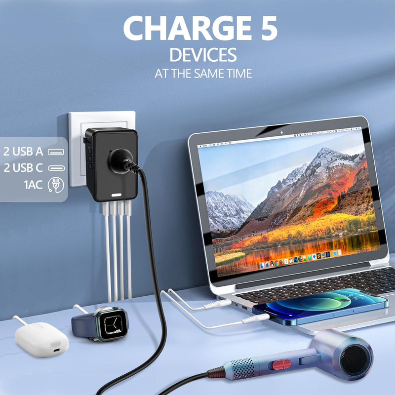 220V to 110V Voltage Converter US to Europe for Hair Dryer with Fast Charging 2 USB A 2 USB C, Power Converter Adapter Combo International Adapter A C G I (Black) Black