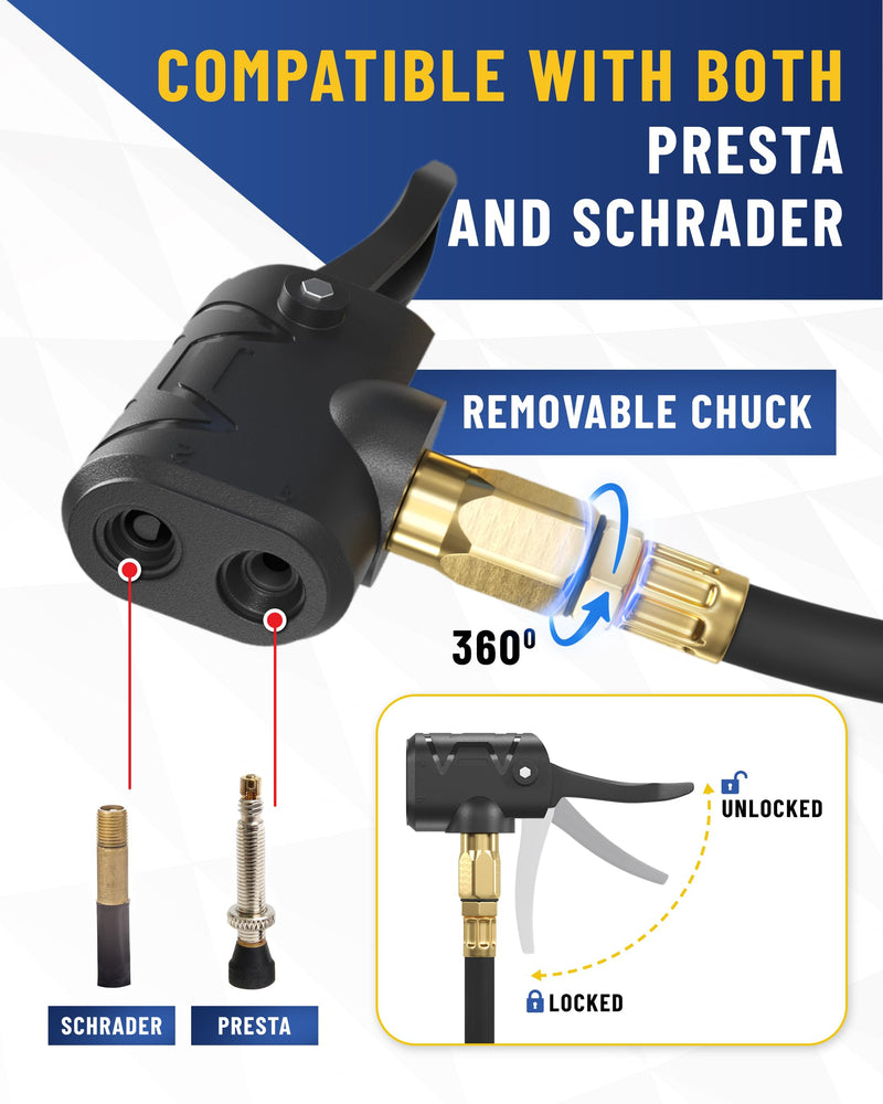 Presta Valve Adaptor Pump with Removable Schrader to Presta Valve Air Chuck – Accurate Bike Tire Inflator & Pressure Gauge for Air Compressor, 100 PSI