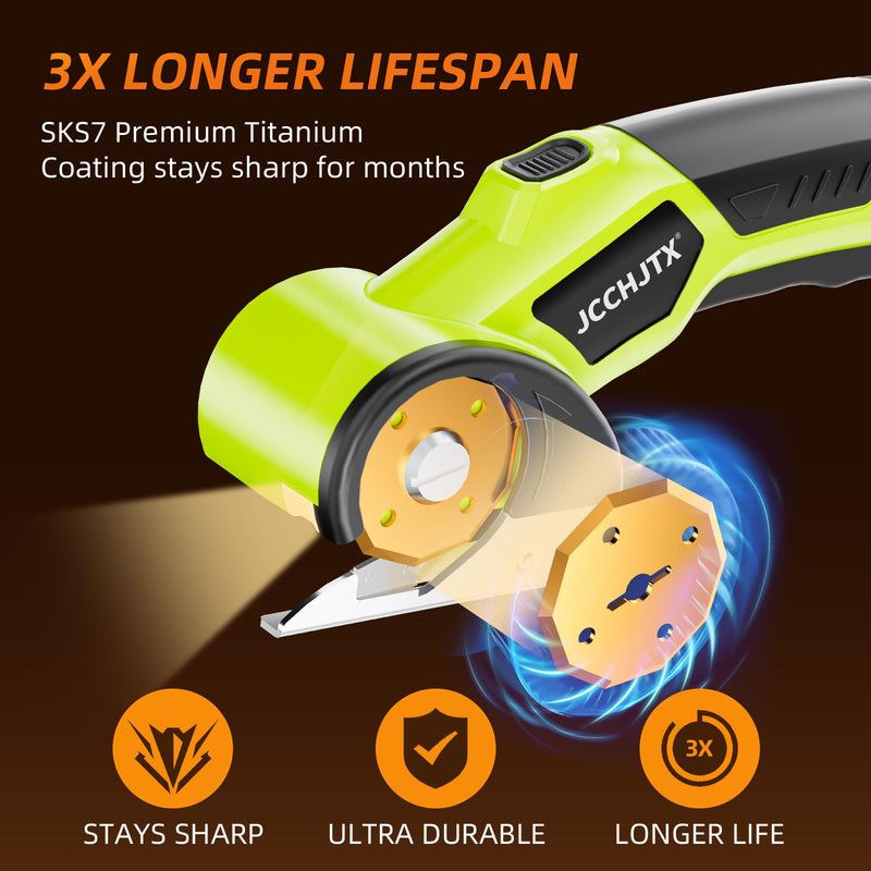 Cordless Electric Scissors, Cardboard Cutter with LED Light, 4V Rechargeable Electric Box Cutter, 2 SKS7 Blade, Suitable for Cloth, Cardboard, Leather, Plastic, Fabric (Green) Green