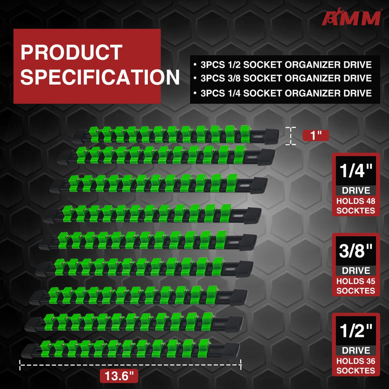 AMM 9-Piece Socket Organizer, 1/2 inch, 3/8 inch and 1/4 inch Drive ABS Tools-Green Socket Holder,Heavy Duty Socket Racks, Premium Quality Socket Clip Rail Holder,The Best Tool Trays in The Garage 9PC Green