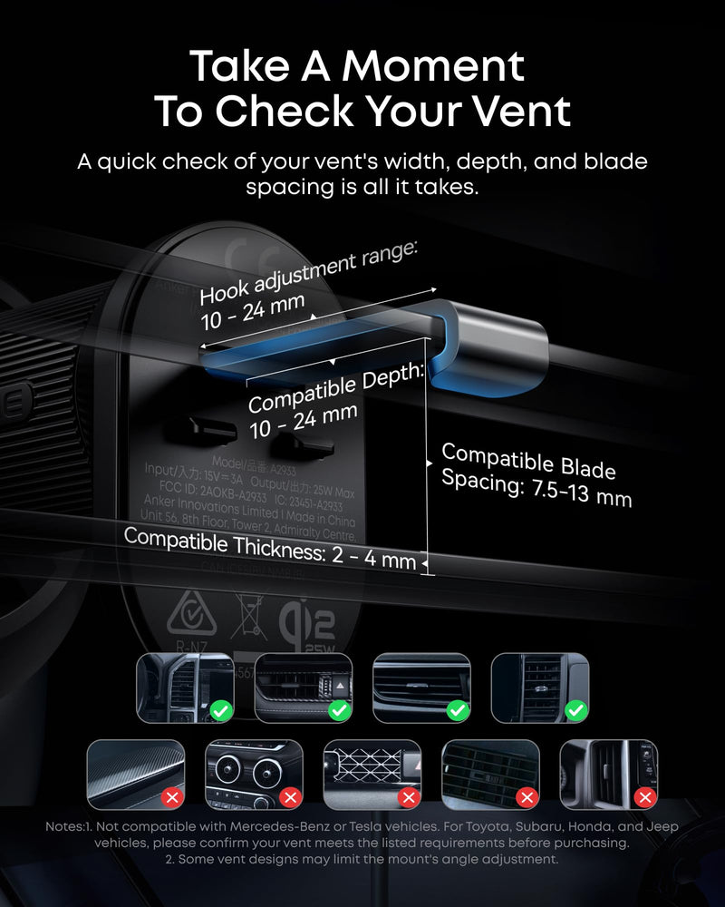 Anker Prime Qi2 25W MagSafe Compatible Wireless Car Charger Mount | AirCool Phone Holder with Vent Clip and Fast Power, for iPhone 17 - 12 Series, and More (Adapter Included) 25 Watts