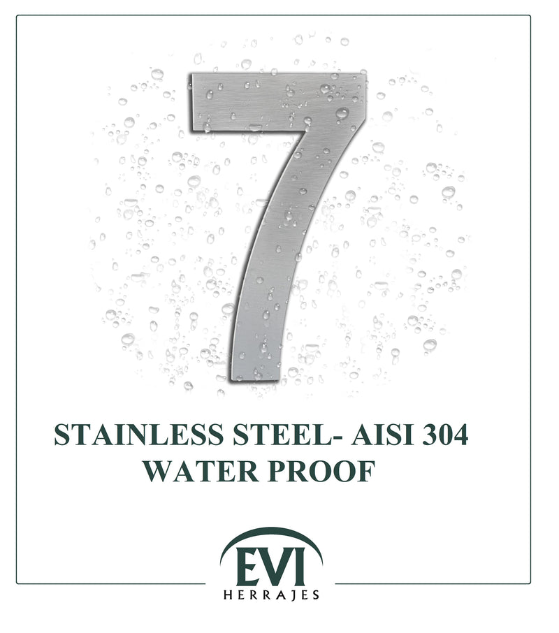 Exterior Adhesive House Number, Gate or Garage, 6.3” inch, Stainless Steel AISI 304, Adhesive Installation (Number 7), EVI Herrajes Number 7