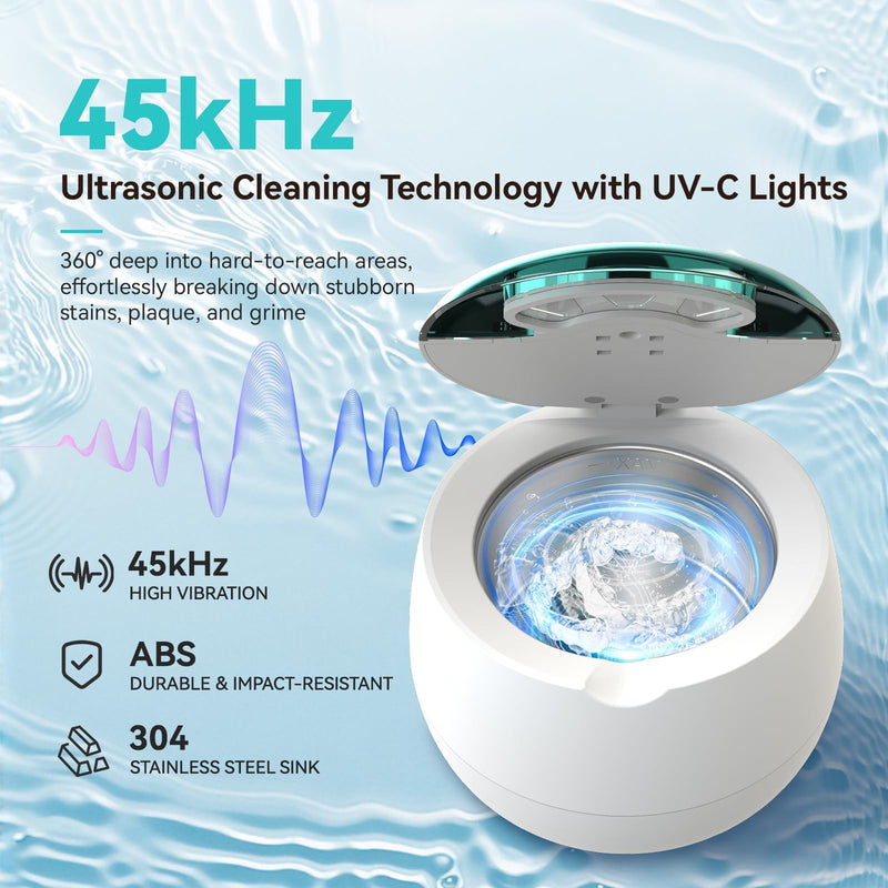 Ultrasonic Denture Retainer Cleaner Machine - 45kHz Retainer Cleaner Machine with 200ML Dental Cleaning Pod, 4 Modes Ultrasonic Cleaner for Denture, Mouth Guard, Aligner, Braces, Toothbrush, Jewelry White