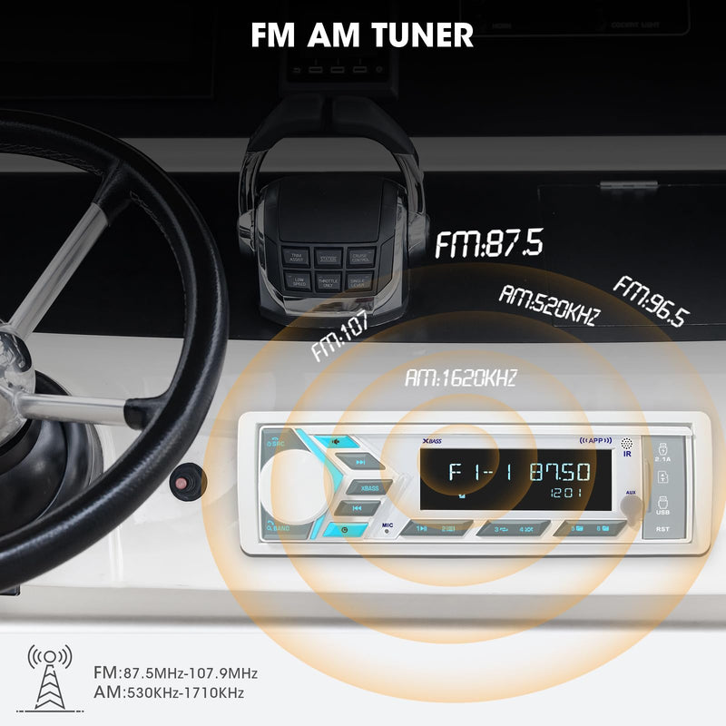 Single Din Marine Radio Bluetooth: Boat Stereo Receiver - Push to Talk Assistant Digital LCD Screen AM FM Tuner 4 Volts Preamp Outputs 2 Subwoofer Ports USB Charging Aux-in Remote Control White Single Din Marine Radio