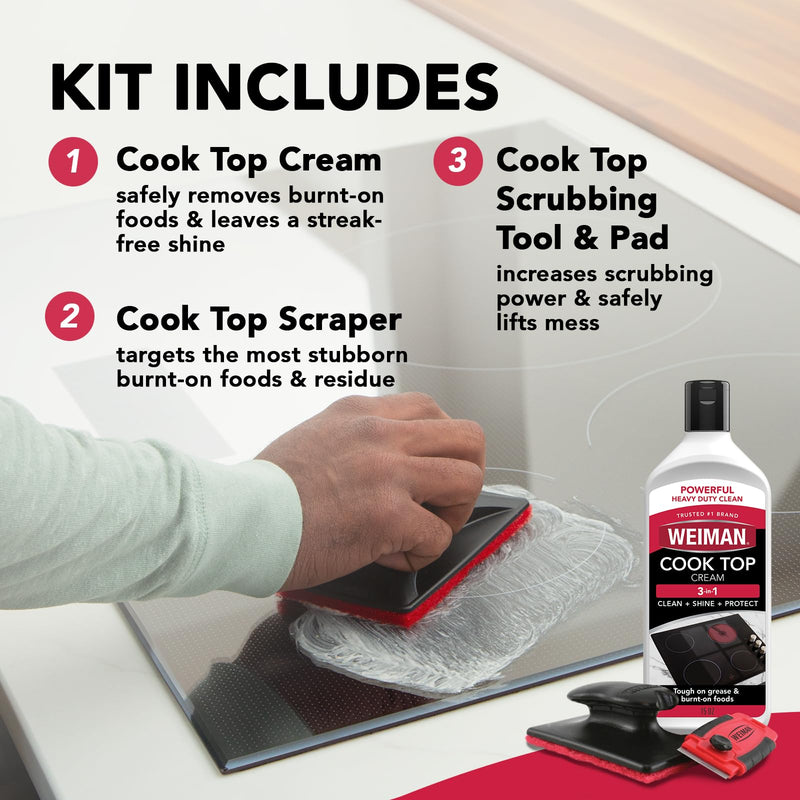  [AUSTRALIA] - Weiman Glass & Ceramic Cooktop, Stove Top & Oven Cleaner Kit – Kitchen Cleaner Cream, 3 Scrubbing Pads & Scraper for Burnt-On Food & Grease, Clean Shine - Safe for Induction, Electric & Gas Cooktops